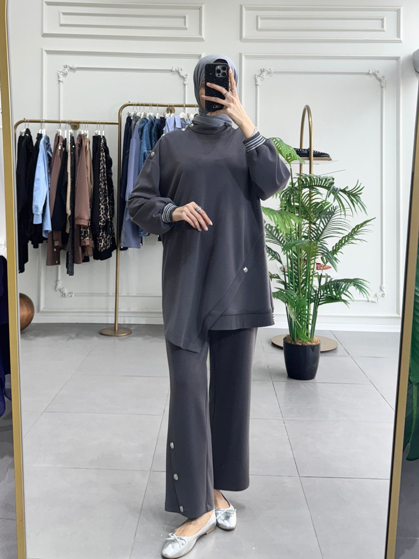 DÜĞME RİBANA DETAYLI TAKIM GRİ