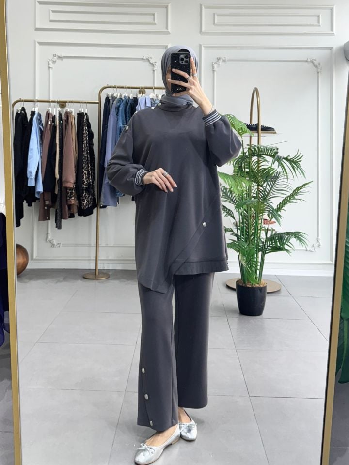 DÜĞME RİBANA DETAYLI TAKIM GRİ