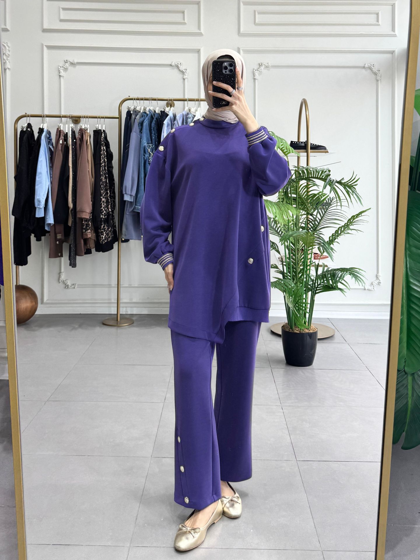 DÜĞME RİBANA DETAYLI TAKIM MOR