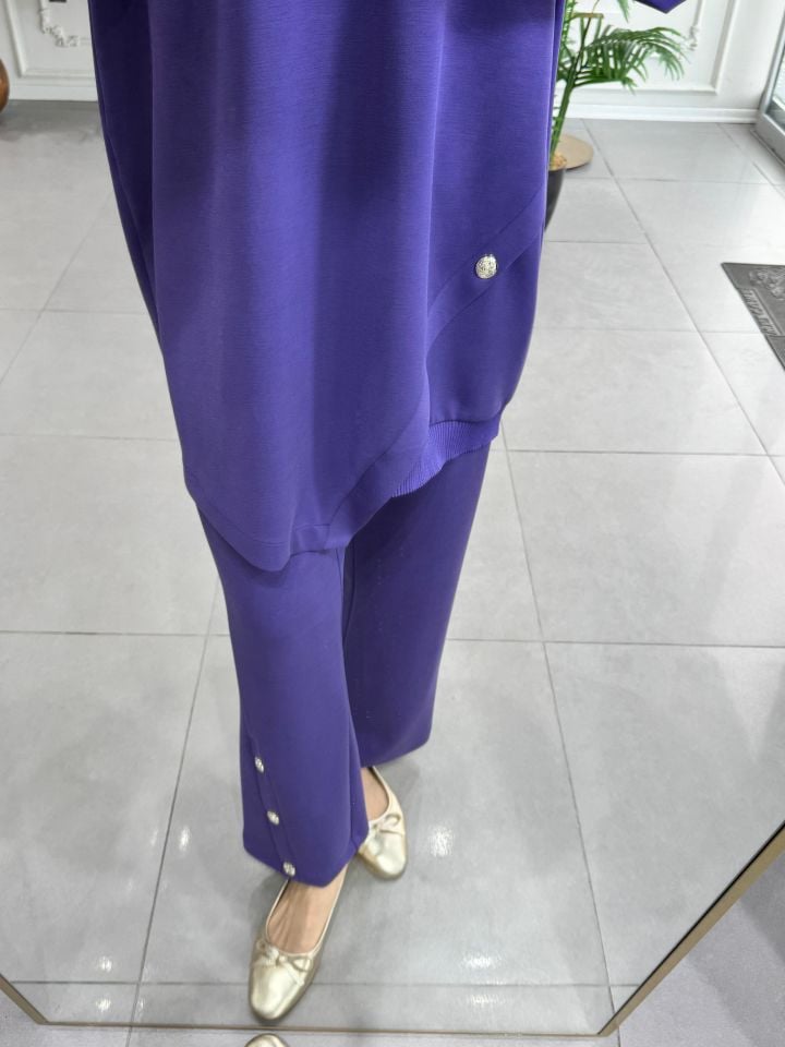 DÜĞME RİBANA DETAYLI TAKIM MOR