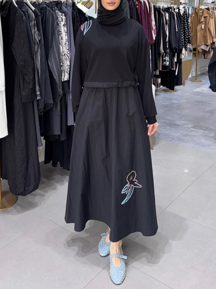 NAKIŞLI DUO ELBİSE SİYAH