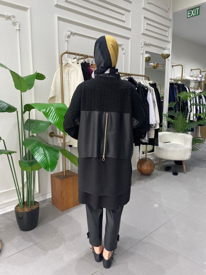 ŞİFON DETAYLI GH DESENLİ DERİ TAKIM SİYAH