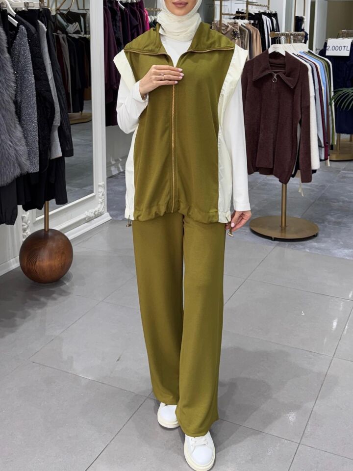 GARNİ DETAYLI YELEKLİ TAKIM YEŞİL