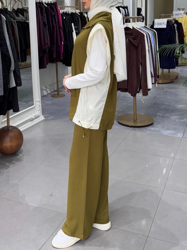 GARNİ DETAYLI YELEKLİ TAKIM YEŞİL