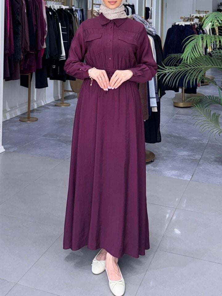 CEP DETAYLI BELİ BÜZGÜLÜ ELBİSE MÜRDÜM