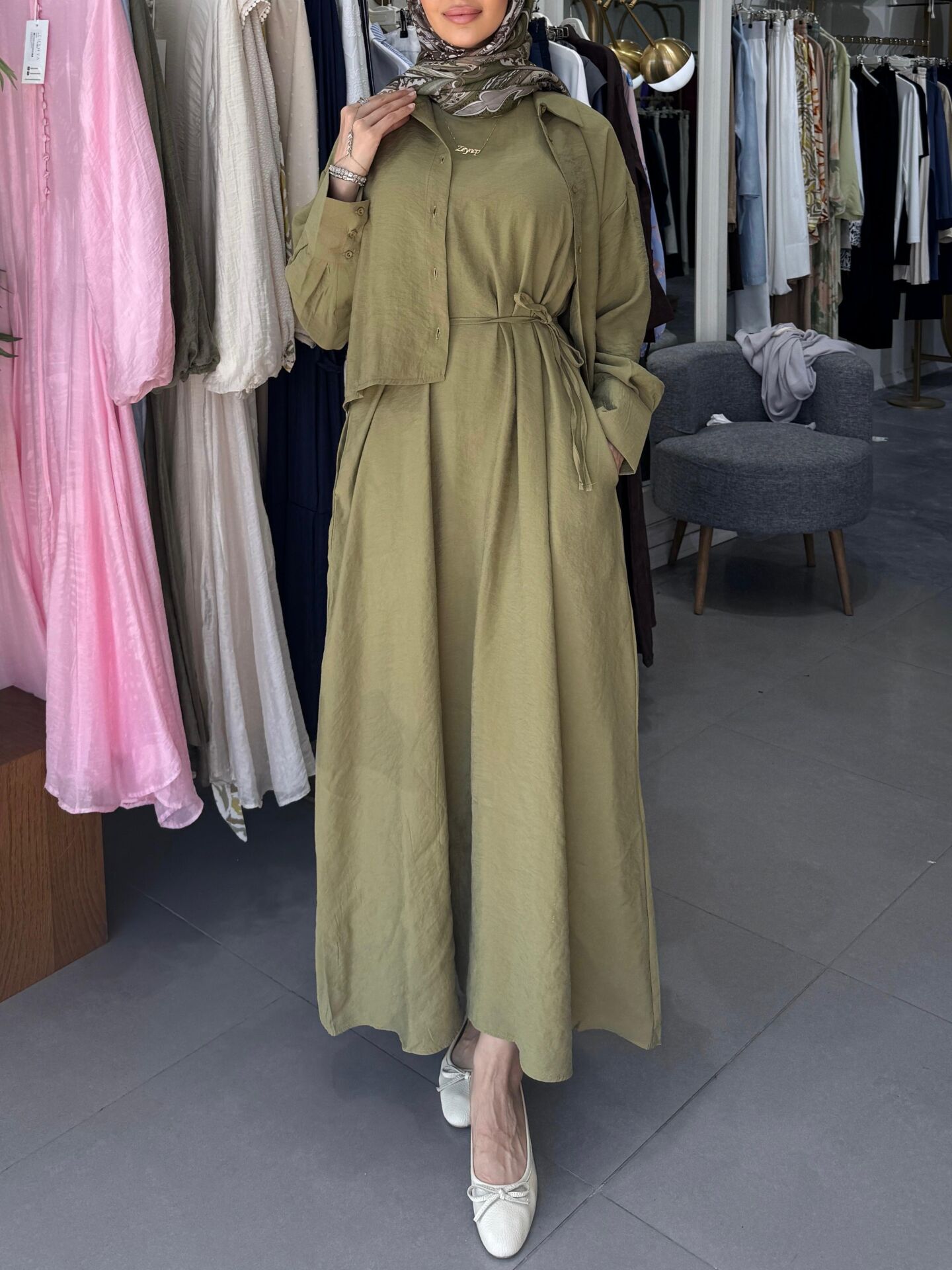 BELİ KUŞAKLI ELBİSE İKİLİ TAKIM YEŞİL