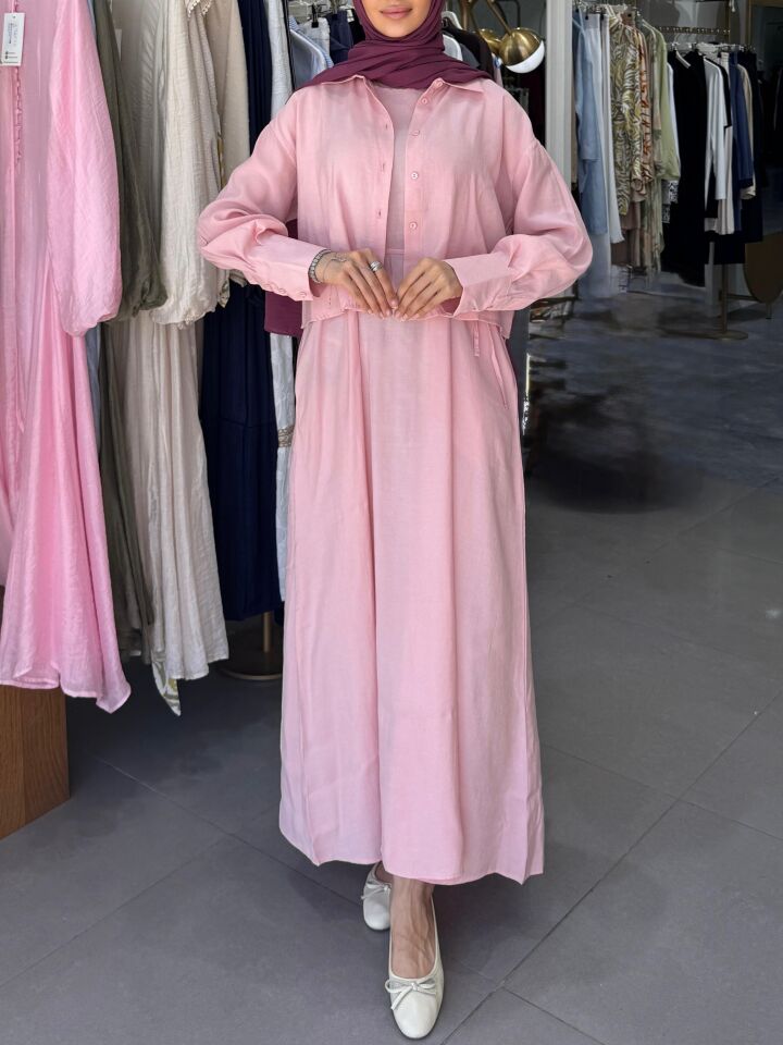 BELİ KUŞAKLI ELBİSE İKİLİ TAKIM PEMBE