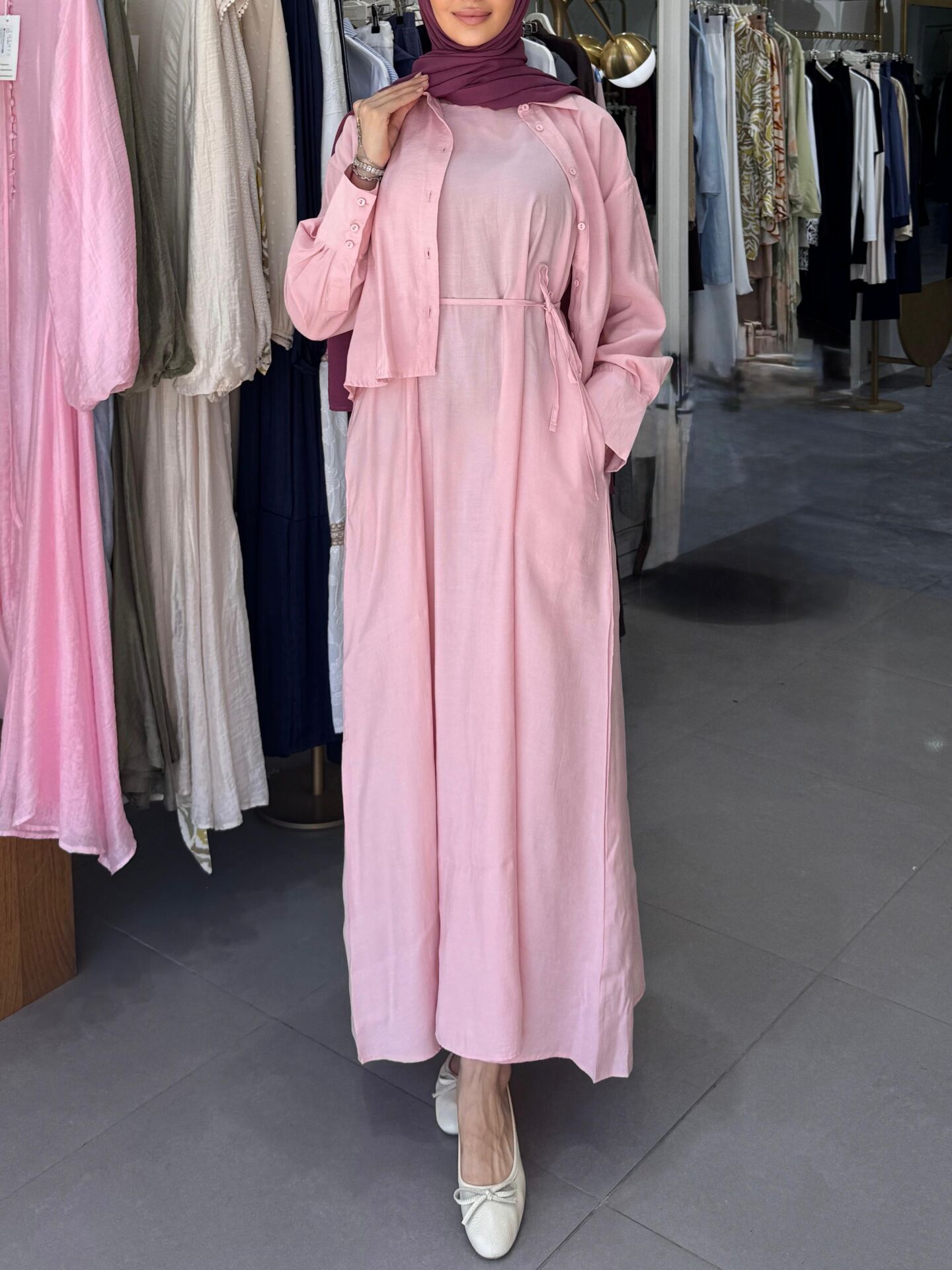 BELİ KUŞAKLI ELBİSE İKİLİ TAKIM PEMBE