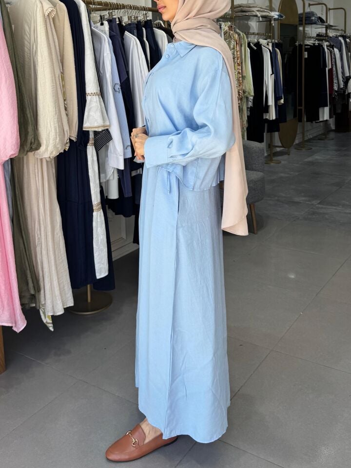 BELİ KUŞAKLI ELBİSE İKİLİ TAKIM MAVİ