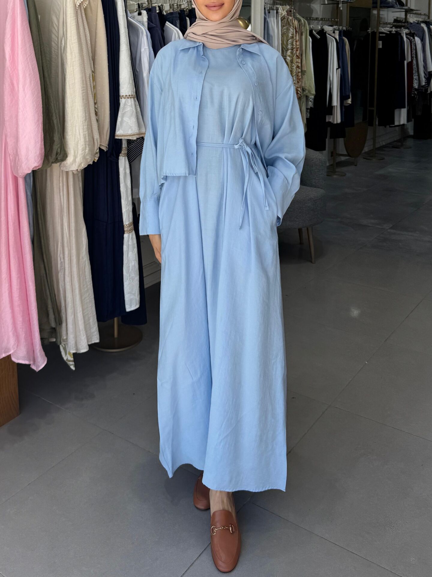 BELİ KUŞAKLI ELBİSE İKİLİ TAKIM MAVİ