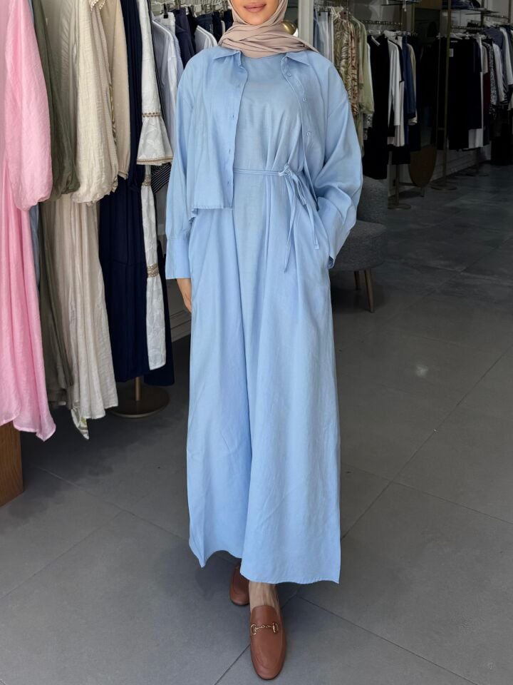 BELİ KUŞAKLI ELBİSE İKİLİ TAKIM MAVİ