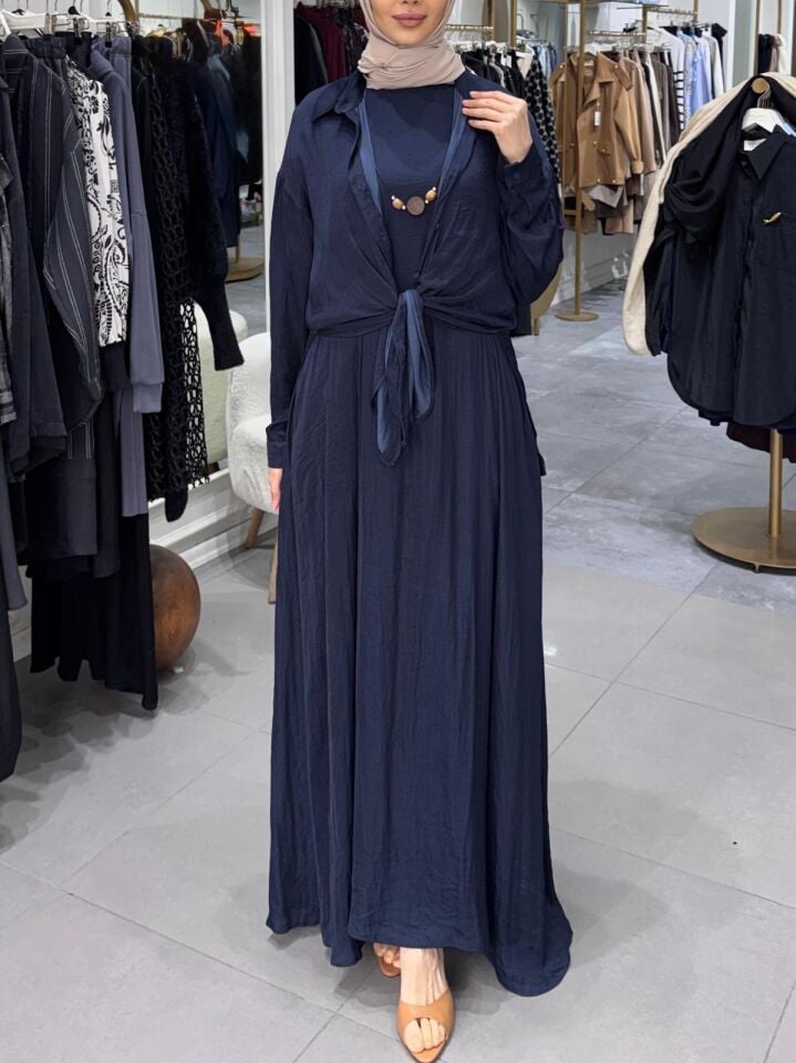 TUNİKLİ CUPRA ELBİSE LACİVERT
