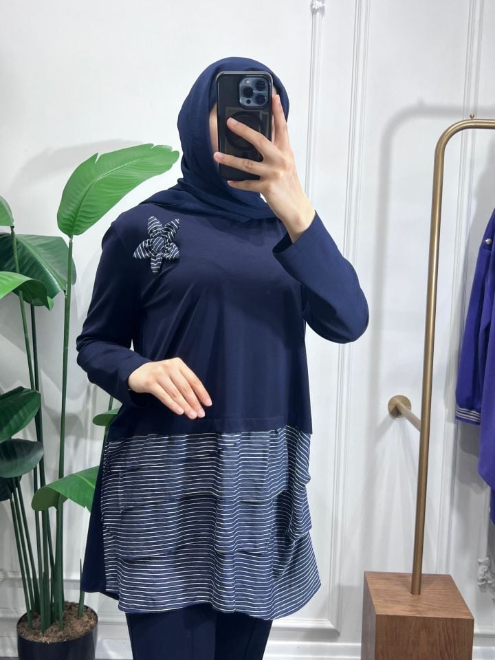 TRİL GÜLLÜ GARNİLİ TUNİK LACİVERT