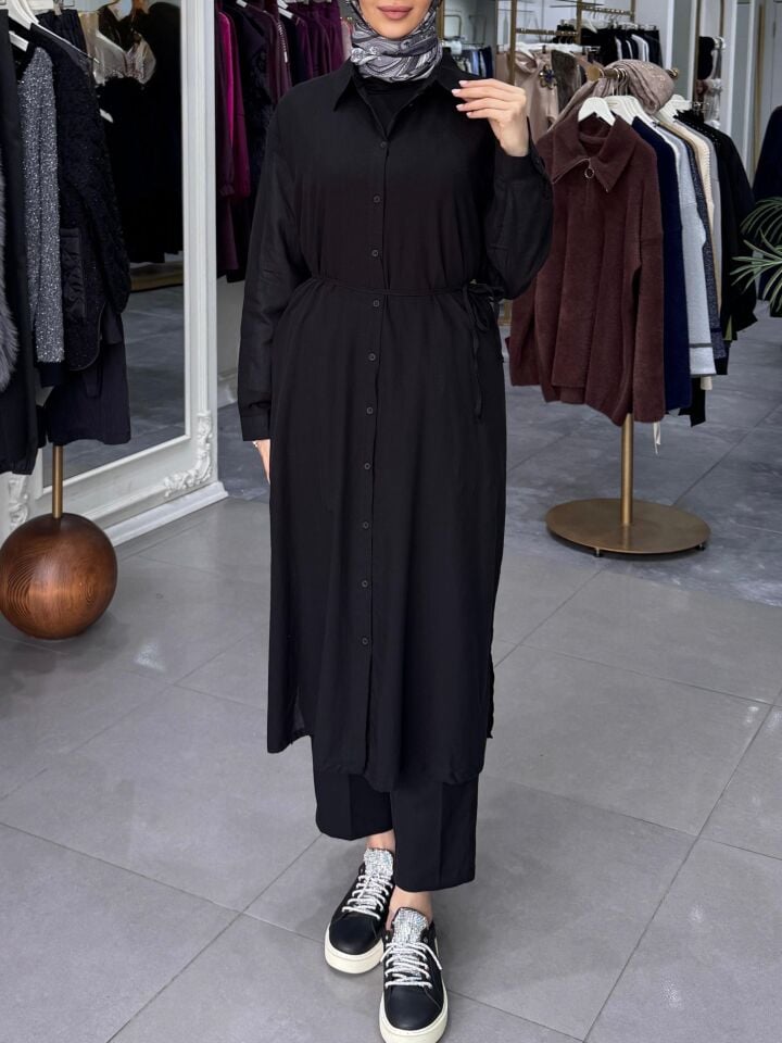 YIRTMAÇLI MİDİ BOY GÖMLEK SİYAH