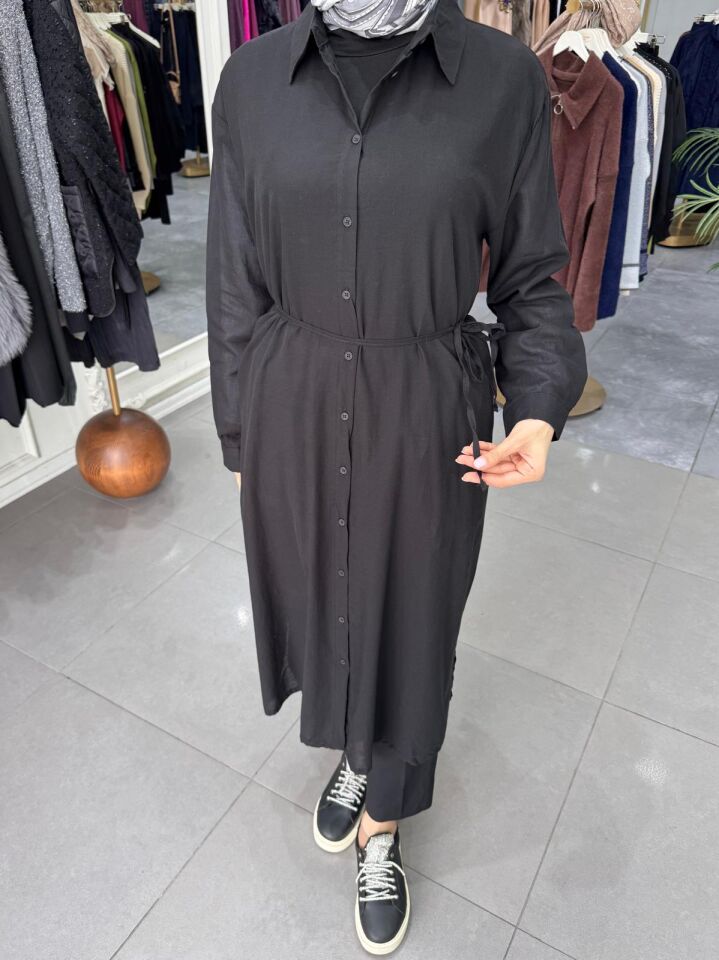 YIRTMAÇLI MİDİ BOY GÖMLEK SİYAH