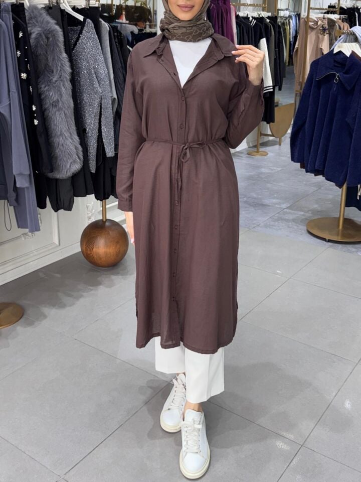 YIRTMAÇLI MİDİ BOY GÖMLEK KAHVERENGİ