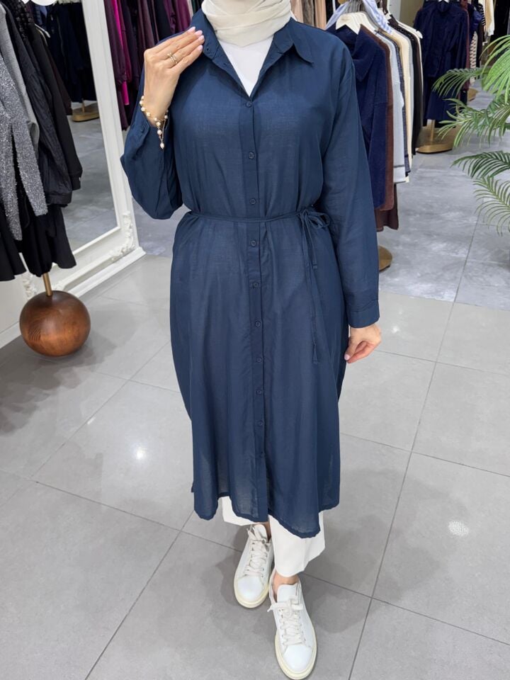 YIRTMAÇLI MİDİ BOY GÖMLEK LACİVERT