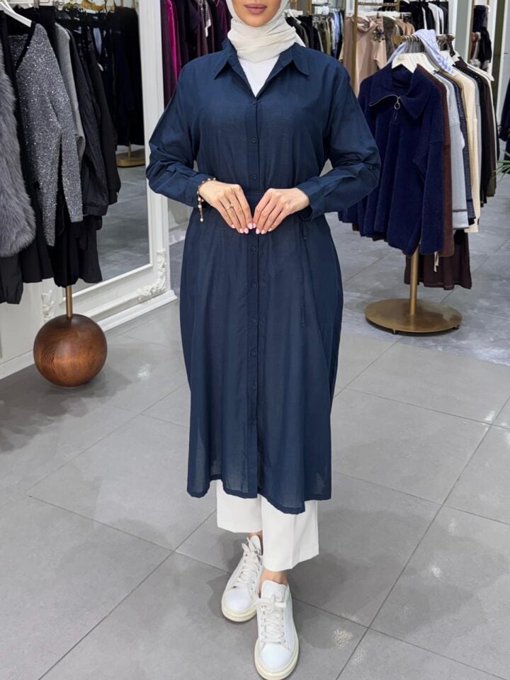 YIRTMAÇLI MİDİ BOY GÖMLEK LACİVERT