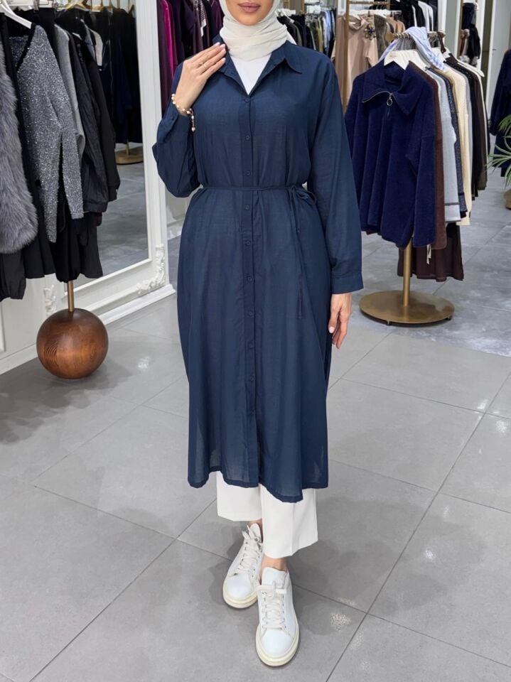 YIRTMAÇLI MİDİ BOY GÖMLEK LACİVERT