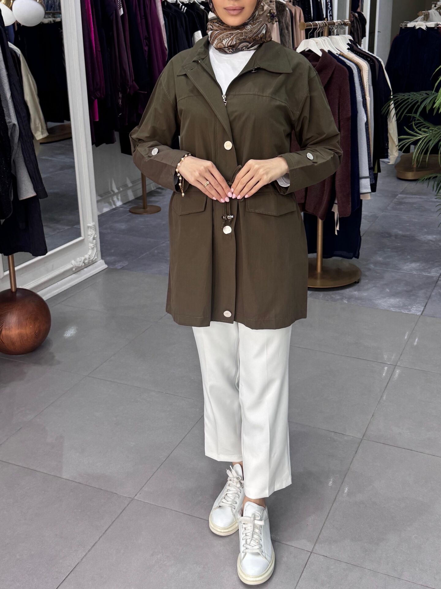 DÜĞME DETAYLI BELİ BAĞCIKLI CEKET HAKİ