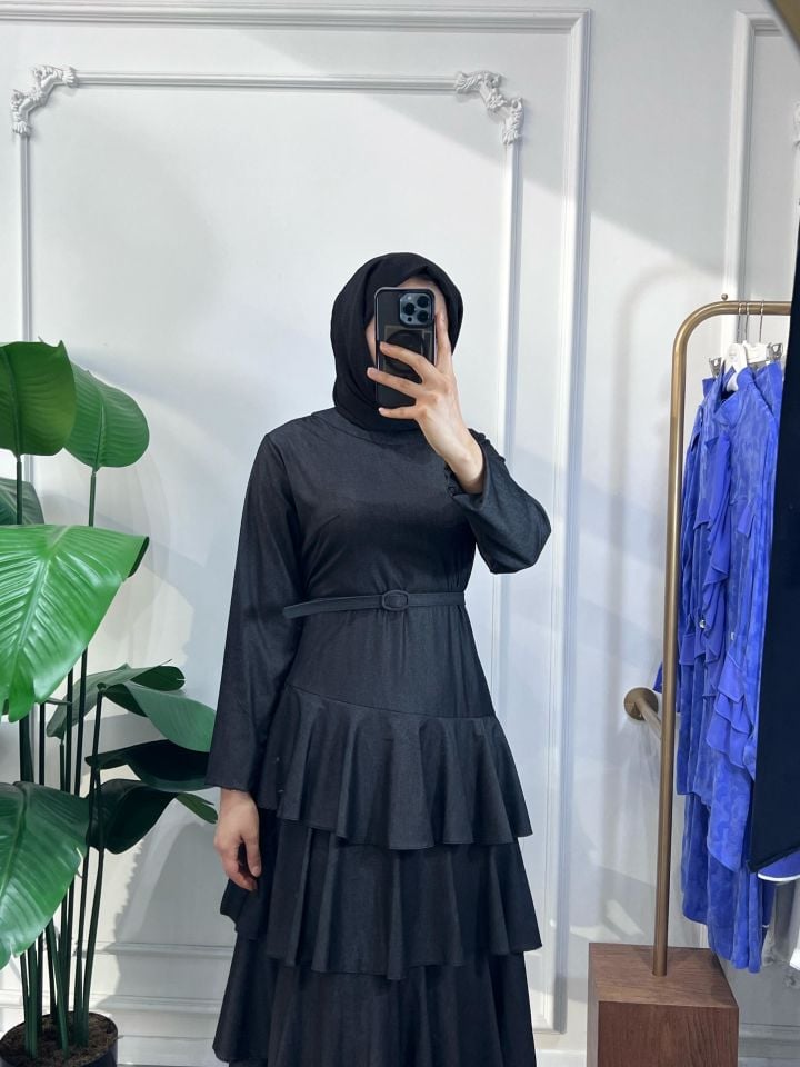 ETEK FIR FIR İNCE KEMER ELBİSE SİYAH