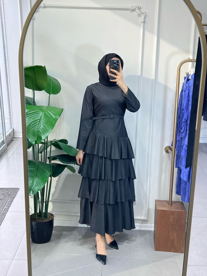 ETEK FIR FIR İNCE KEMER ELBİSE SİYAH