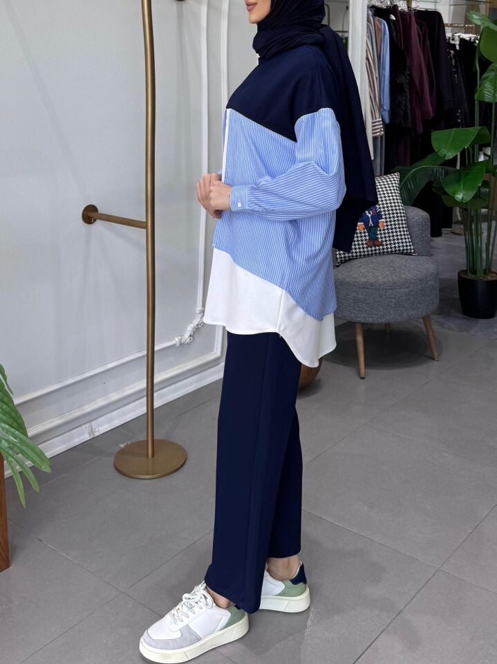 ÇİFT GARNİ DETAYLI TAKIM LACİVERT