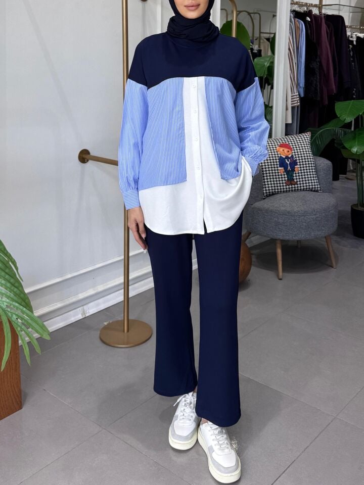 ÇİFT GARNİ DETAYLI TAKIM LACİVERT