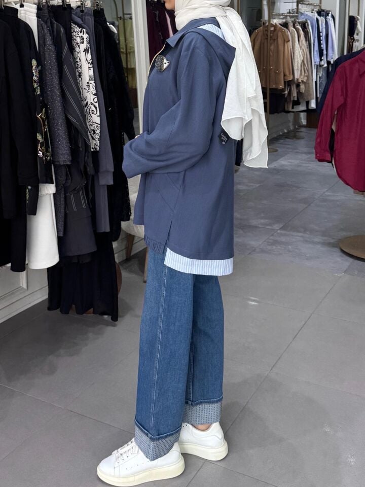 GHİSA KİRPİ AKSESUARLI CEKET İNDİGO