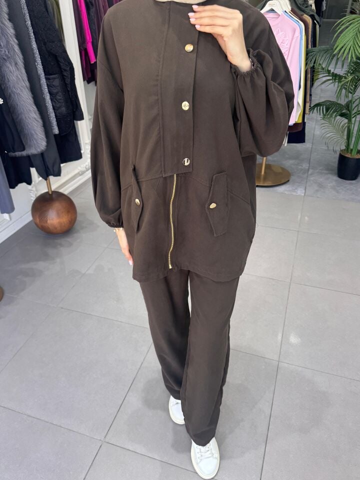 GOLD DÜĞME BOMBER TAKIM  KAHVERENGİ