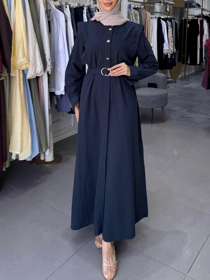 GOLD DÜĞME DETAYLI ELBİSE LACİVERT