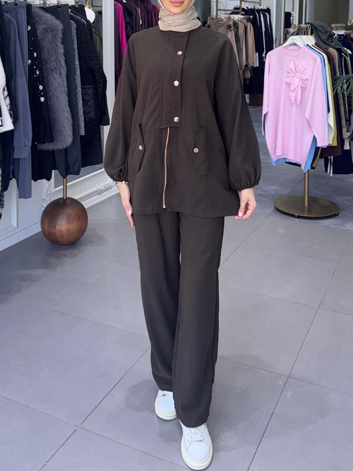 GOLD DÜĞME BOMBER TAKIM  KAHVERENGİ