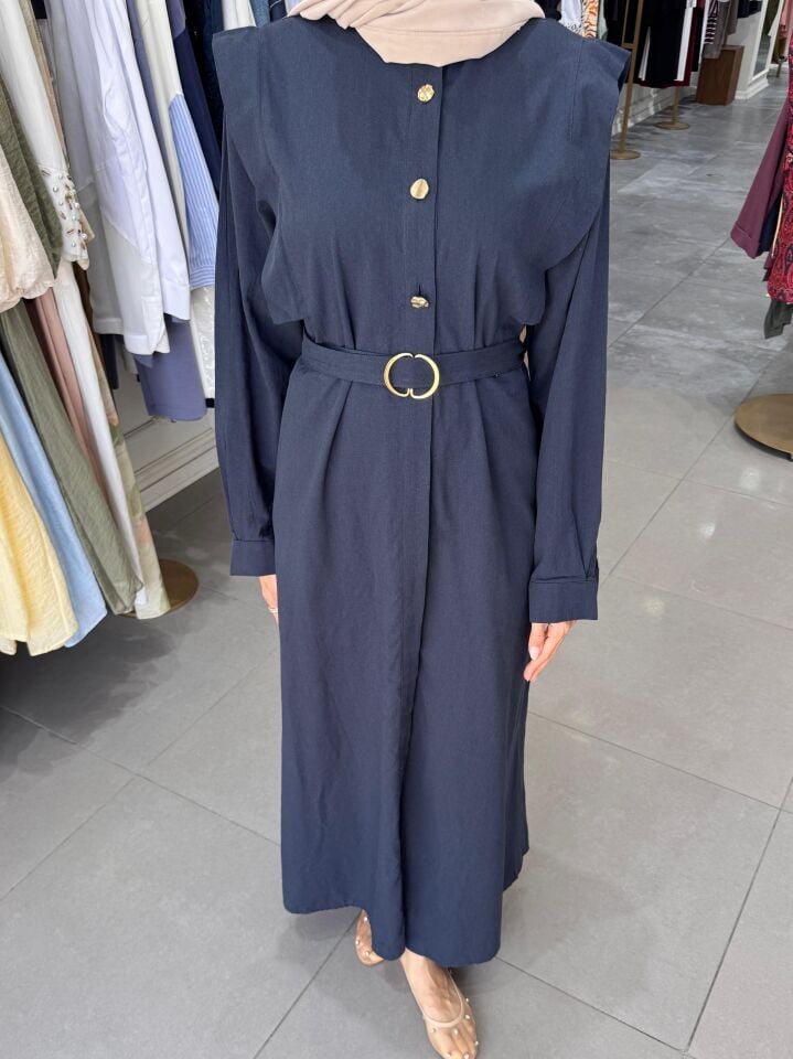 GOLD DÜĞME DETAYLI ELBİSE LACİVERT