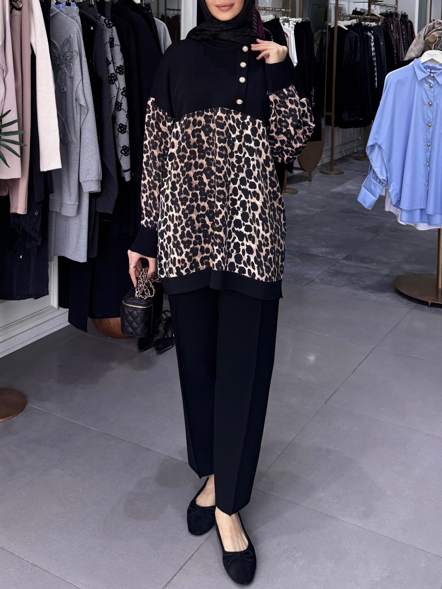 DÜĞME LEOPAR TUNİK  SİYAH
