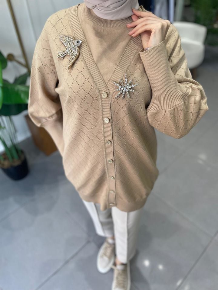 BAKLAVA DESEN TRİKO HIRKA  CAMEL