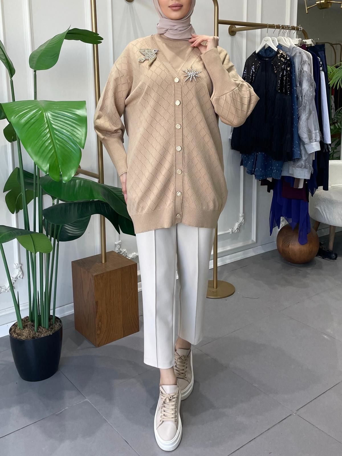 BAKLAVA DESEN TRİKO HIRKA  CAMEL