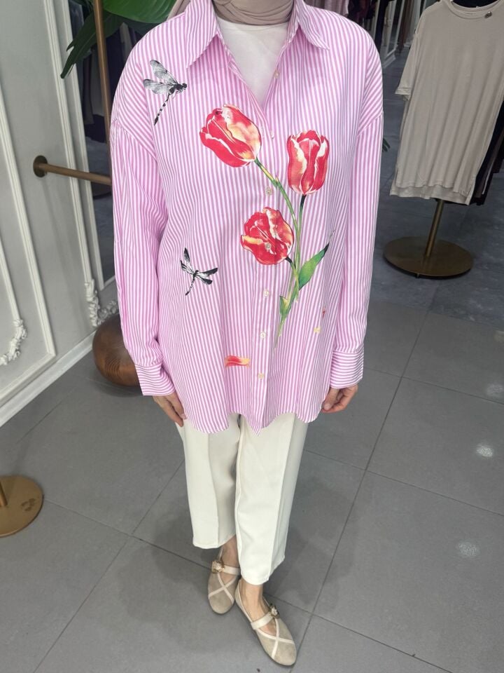 LALE DESENLİ ÇİZGİLİ GÖMLEK PEMBE
