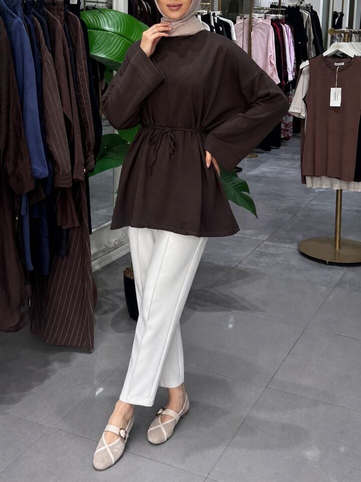 DİKİŞ DETAYLI YIRTMAÇLI SWEATSHIRT KAHVERENGİ