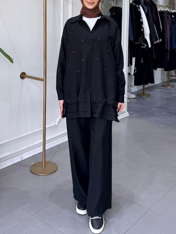 TAHTA BONCUK İŞLEMELİ TAKIM SİYAH