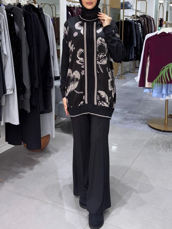 MERSERİZE TUNİK SİYAH ÇİÇEKLİ