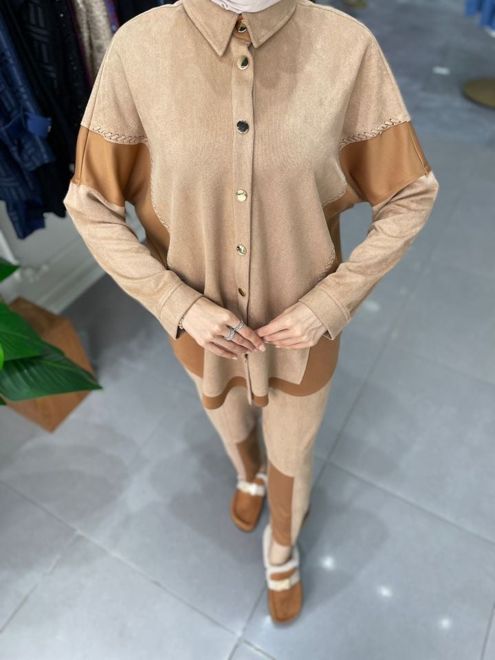 SÜET ÖRGÜ DETAYLI TAKIM  CAMEL