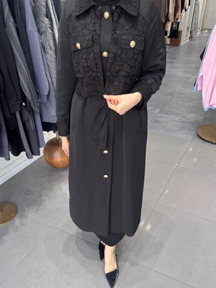 GÜPÜRLÜ TRENÇKOT SİYAH