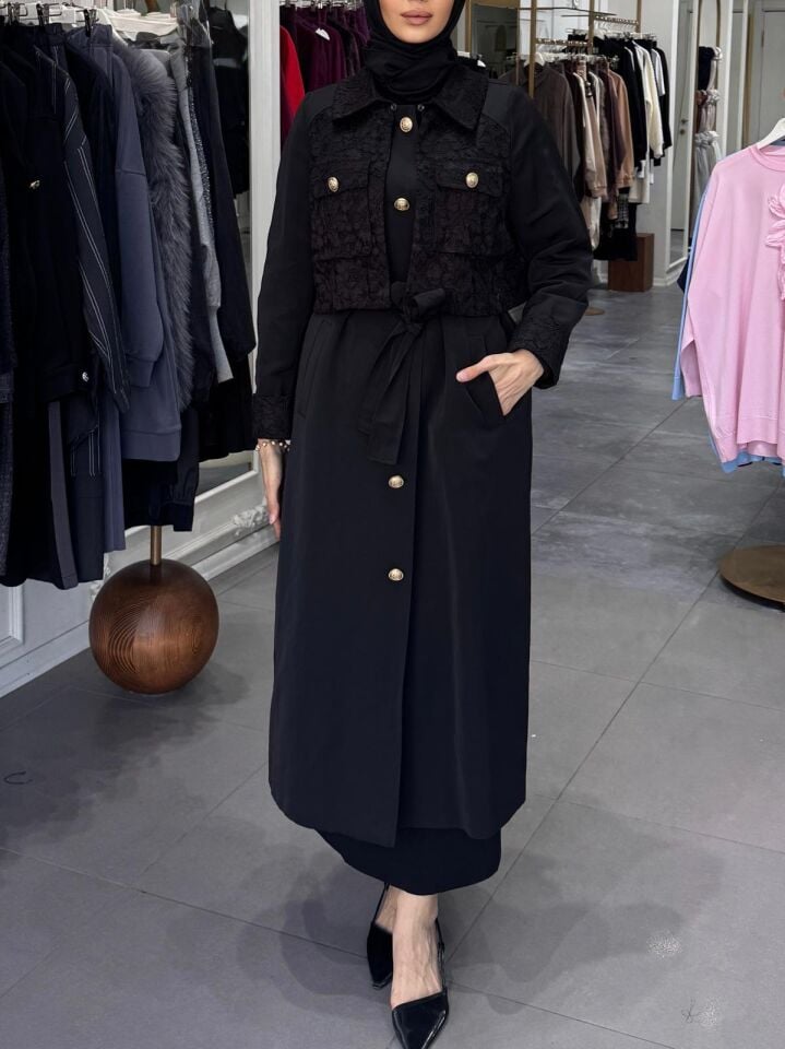 GÜPÜRLÜ TRENÇKOT SİYAH