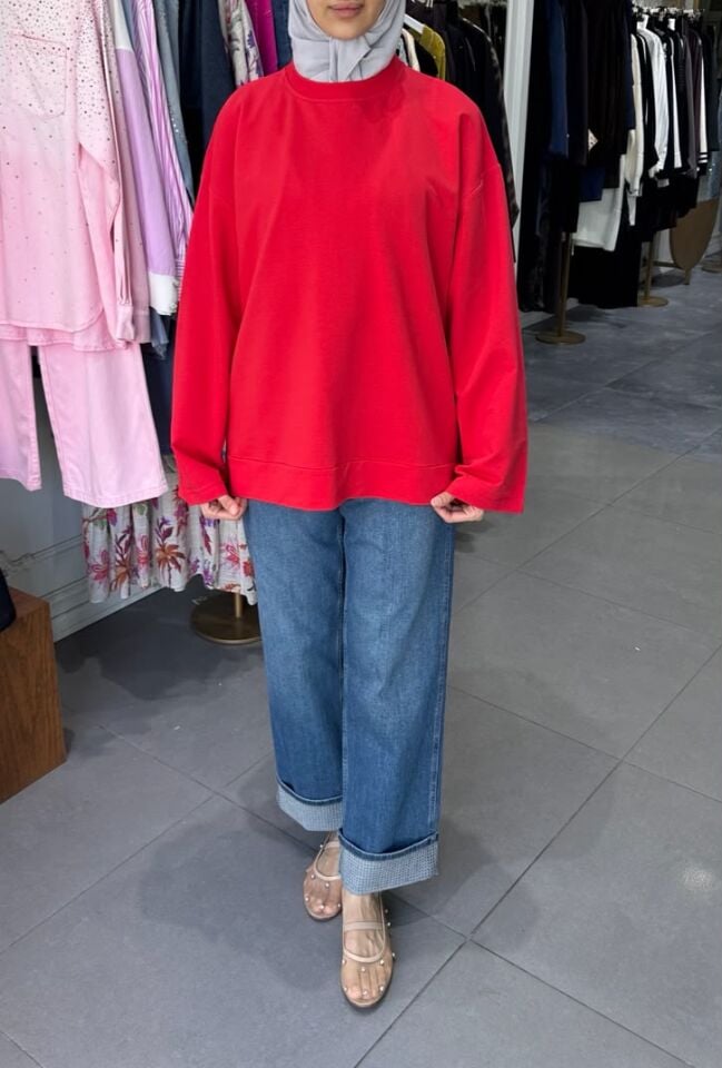 BİSİKLET YAKA OVERSIZE SWEATSHIRT KIRMIZI