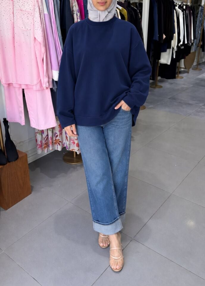 BİSİKLET YAKA OVERSIZE SWEATSHIRT LACİVERT