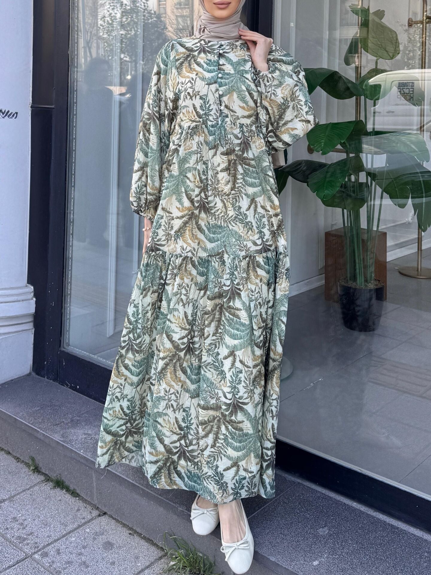 ÇİÇEKLİ DESEN KETEN ELBİSE YEŞİL