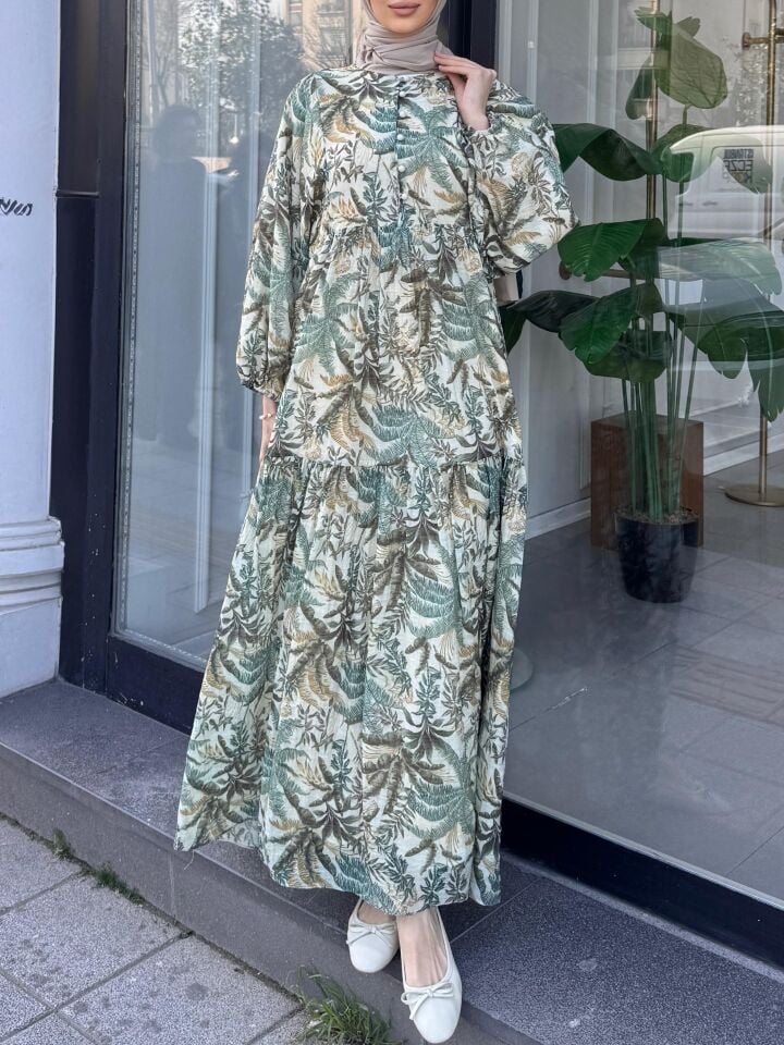 ÇİÇEKLİ DESEN KETEN ELBİSE YEŞİL