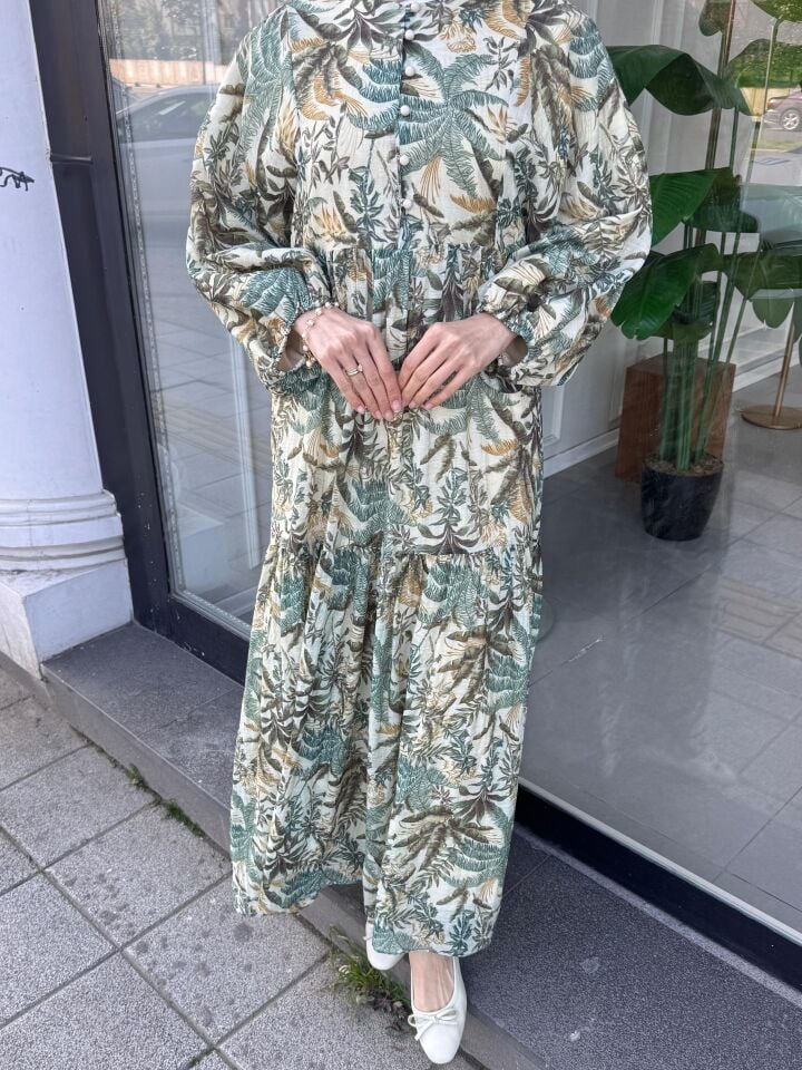 ÇİÇEKLİ DESEN KETEN ELBİSE YEŞİL