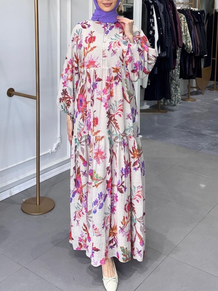 ÇİÇEKLİ DESEN KETEN ELBİSE PEMBE