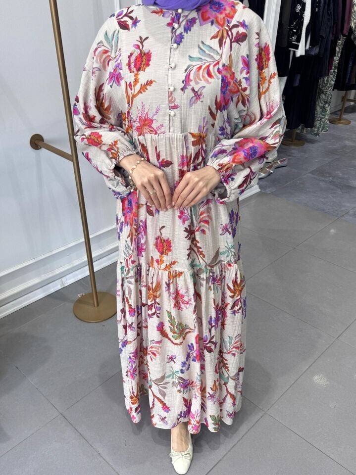 ÇİÇEKLİ DESEN KETEN ELBİSE PEMBE